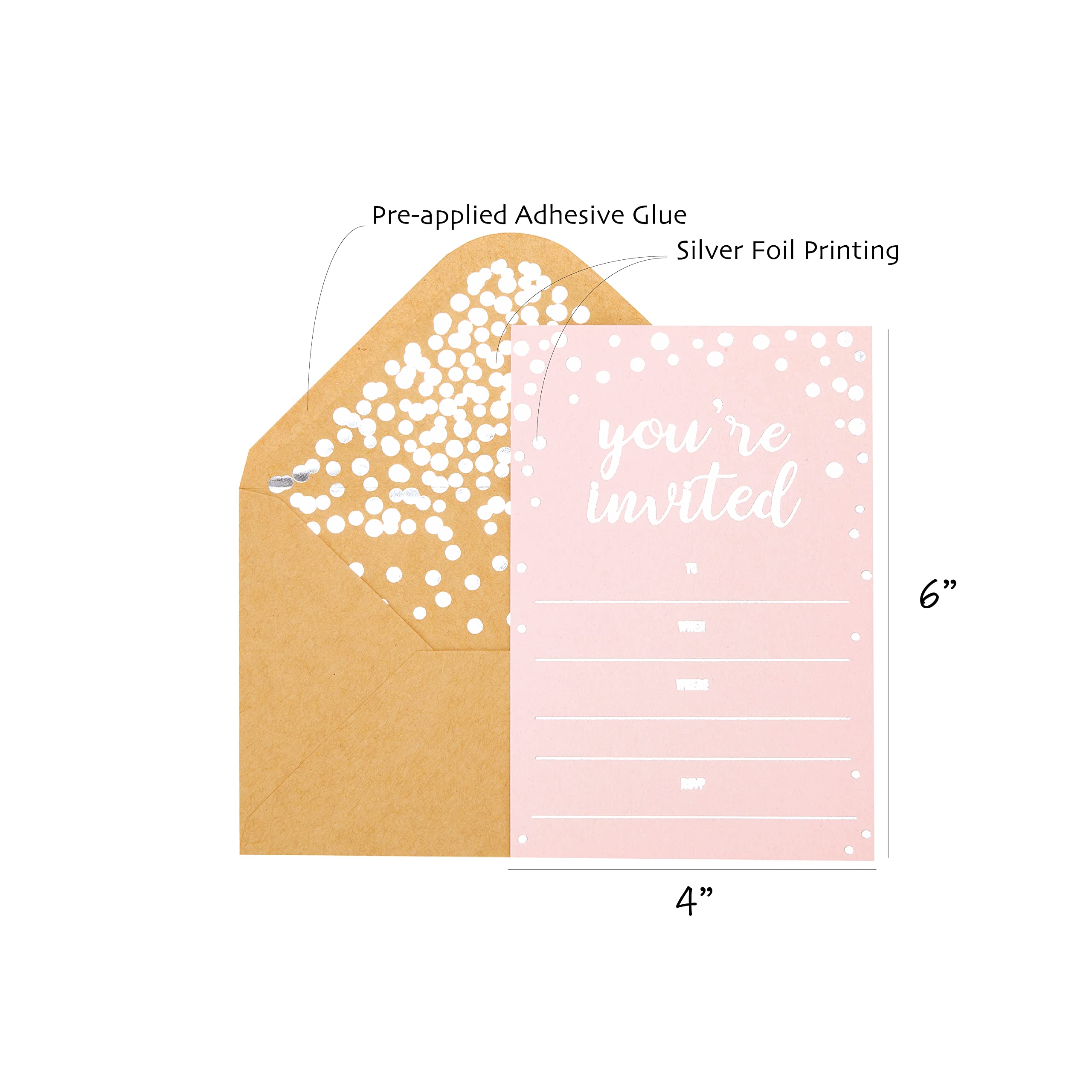 Invitation Cards - 24-Count 4" x 6" Baby Pink Invitation Cards ‘’You Are Invited’’ in Silver Foil with 26 Silver Foil Confetti Kraft Envelopes – For Wedding, Bridal Shower, Baby Shower, Birthday