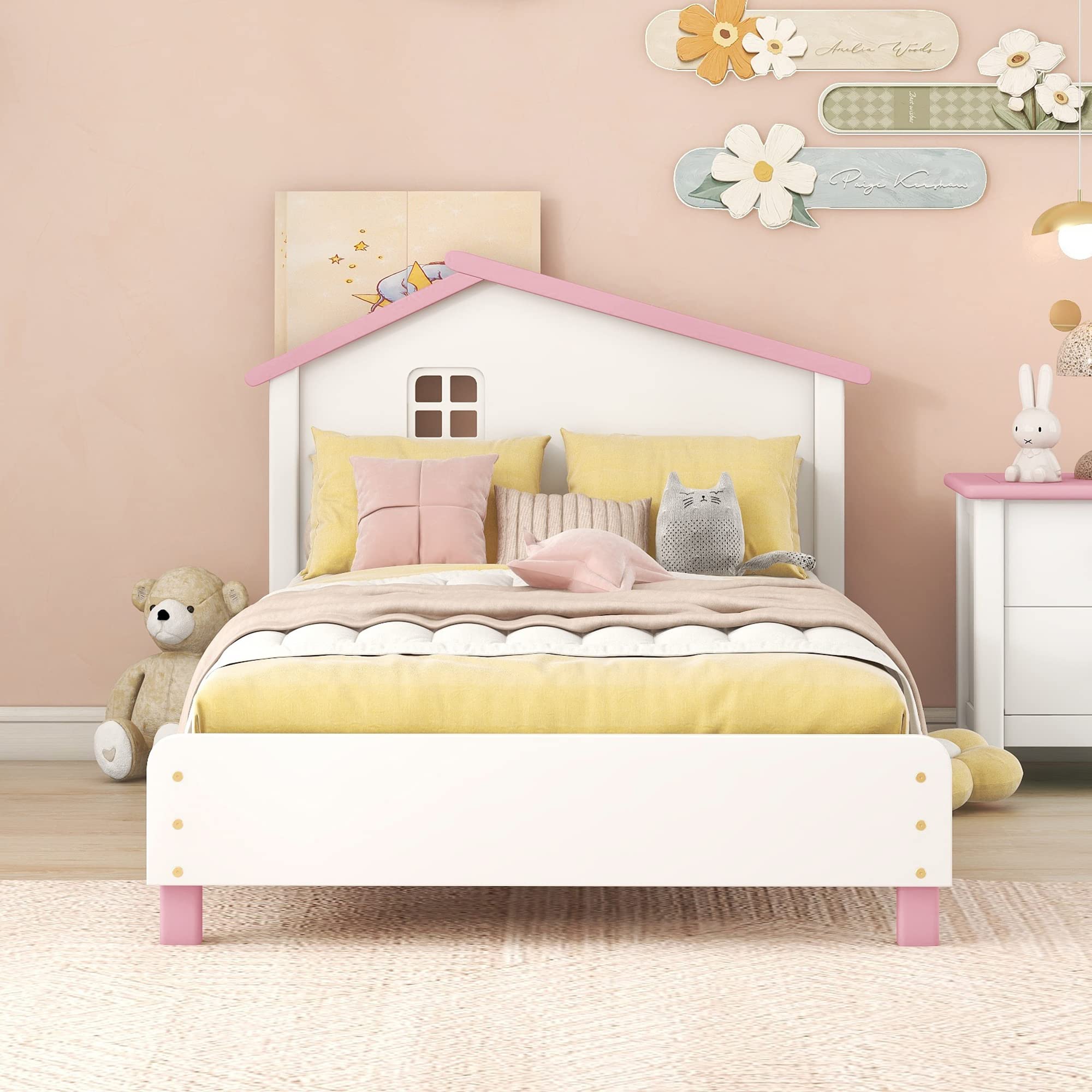 Bellemave Twin Platform Bed with Headboard, House Twin Bed with Support Slats, Wood Kids Twin Size Bed for Boys Girls, No Box Spring Needed, Bedroom Furniture (White+Pink)