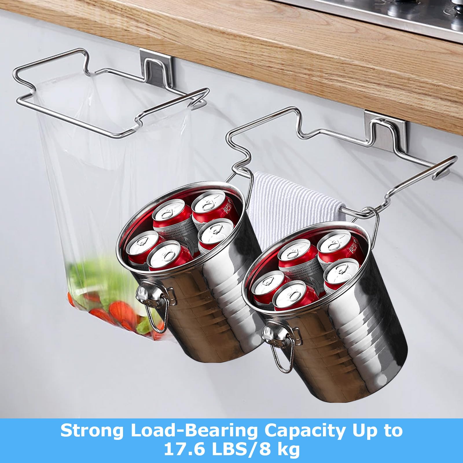 WOPPLXY 4 Pcs Stainless Steel Trash Bag Holder for Kitchen Cabinets Doors and Cupboards, 9.25 x 6 x 1.77 Inch Under Sink Bag Holder for Plastic Bags, Garbage Bag Holder for Cabinet