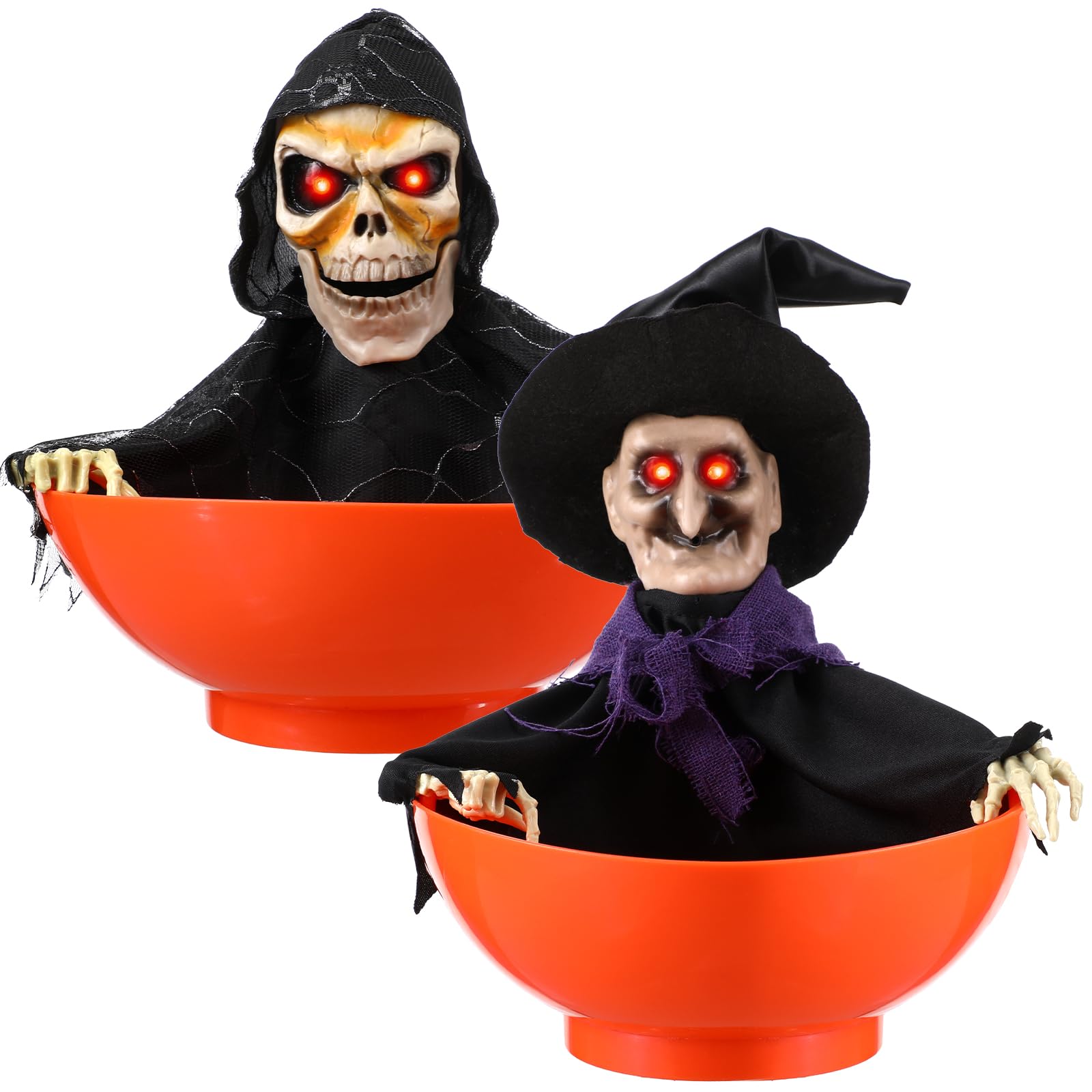 Roshtia 2 Pcs Halloween Candy Bowl Animated Skeleton and Witch Candy Bowl with LED Eyes and Creepy Sound Scary Trick or Treat Bowl Skull Screaming Candy Holder for Prank Props Party Decorations