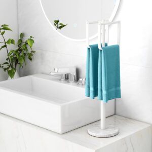 Hand Towel Holder Stand, Countertop Towel Holder Stand 22In High with Marble Base with 2 Hanging Rings for Bathroom Vanity Counter, White