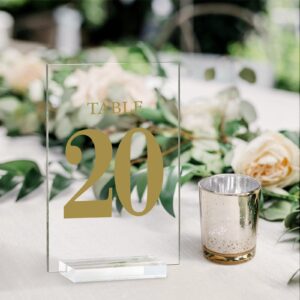 Acrylic Wedding Table Numbers 1-20 with Removable Base 6×4x1/8 Elegant Table Number Holders for Weddings Meeting, Events, Birthdays, and Anniversaries