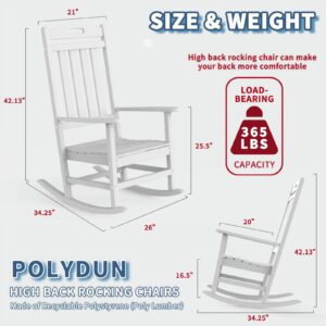 POLYDUN Outdoor Rocking Chair, Looks Like Wood, High Back Poly Lumber Patio Rocker Chair, 365Lbs Support, All-Weather Porch Rocking Chair for Lawn, Backyard, Indoor, Garden, White