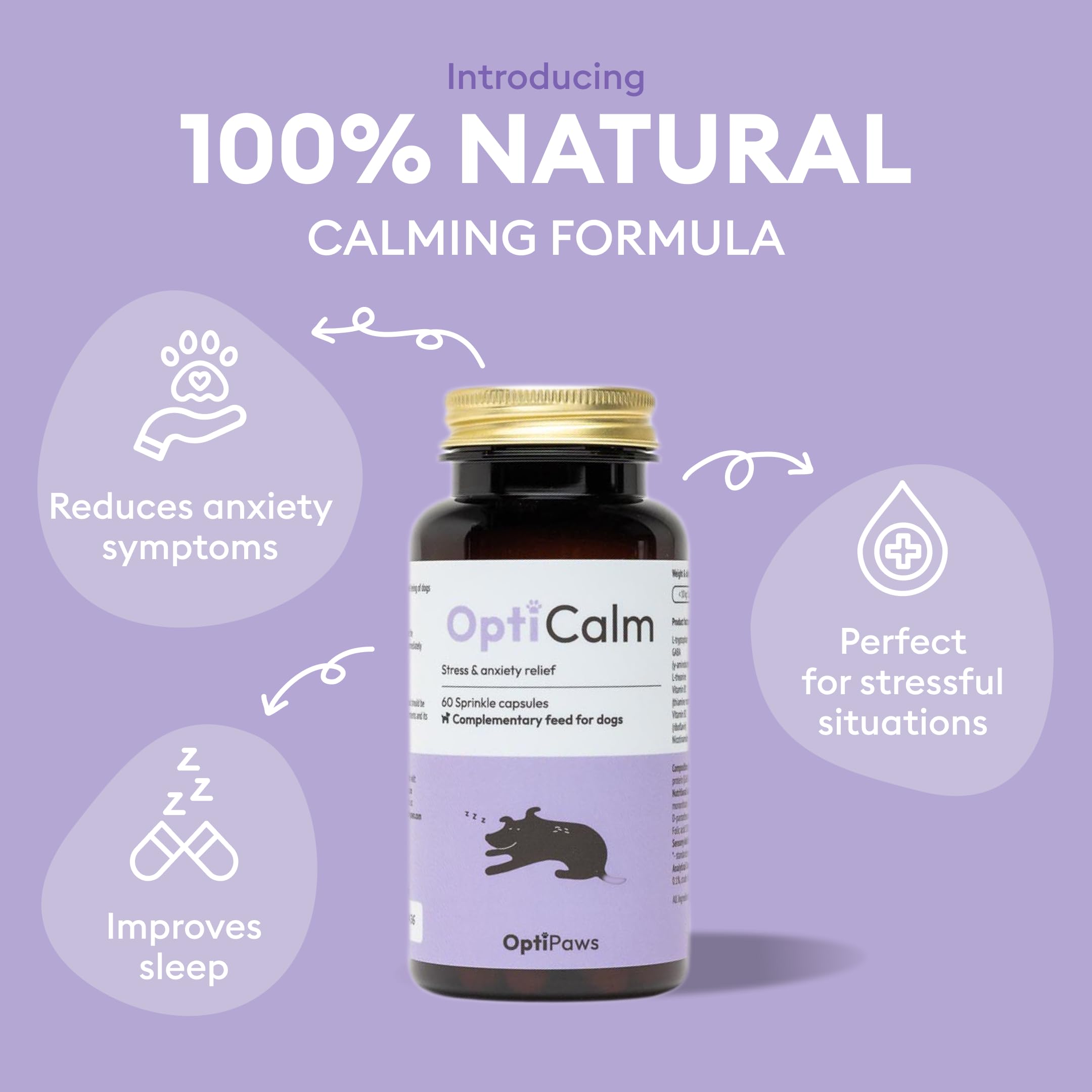 OptiCalm Dog Calming Supplement - GABA, L-Theanine & L-Tryptophan - Sprinkle Capsules for Relaxation & Anxiety Relief - Natural Calming Aid