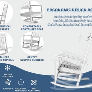 POLYDUN Outdoor Rocking Chair, Looks Like Wood, High Back Poly Lumber Patio Rocker Chair, 365Lbs Support, All-Weather Porch Rocking Chair for Lawn, Backyard, Indoor, Garden, White