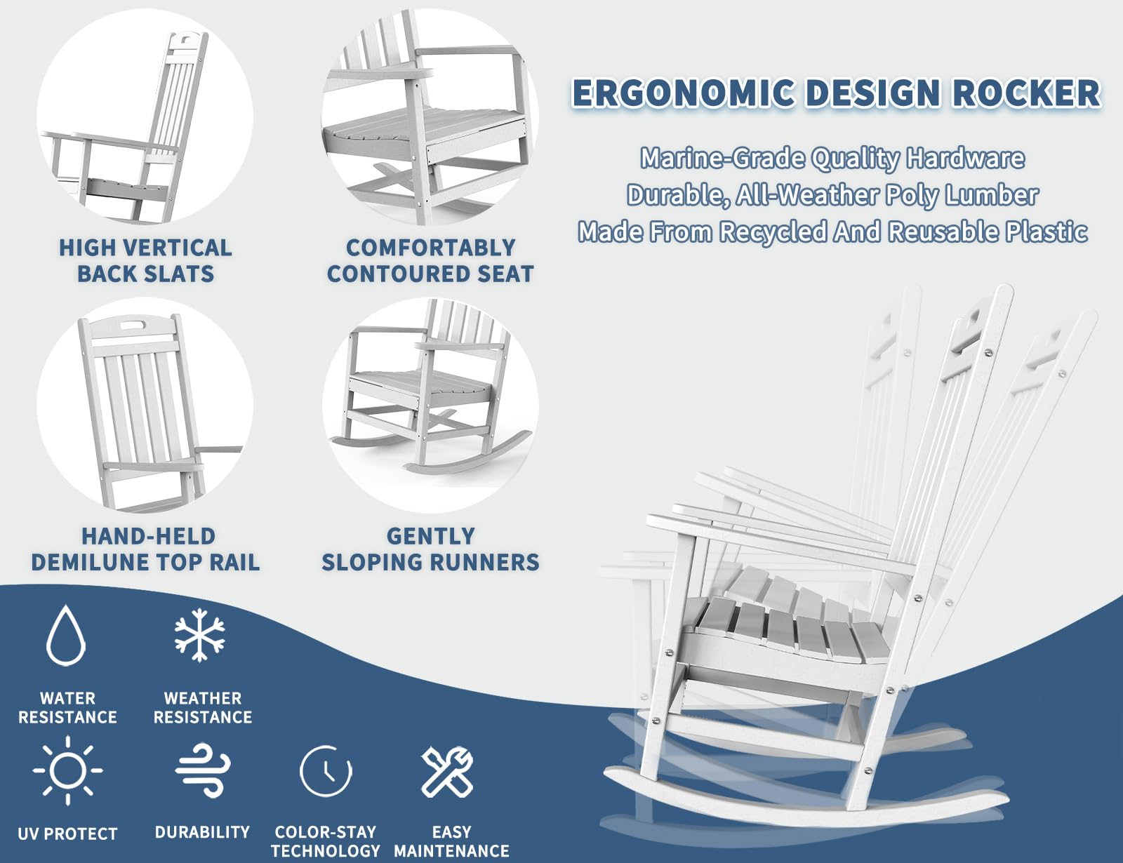 POLYDUN Outdoor Rocking Chair, Looks Like Wood, High Back Poly Lumber Patio Rocker Chair, 365Lbs Support, All-Weather Porch Rocking Chair for Lawn, Backyard, Indoor, Garden, White