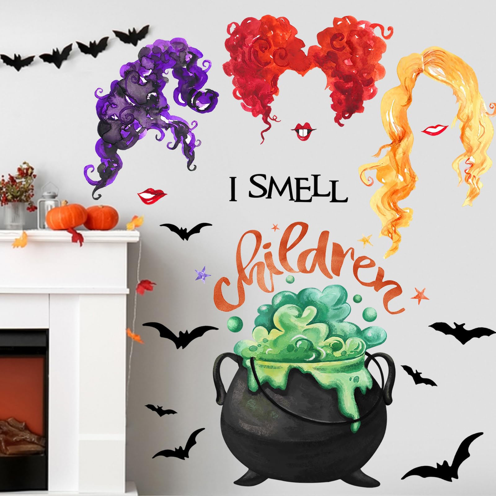 Mfault Halloween I Smell Children Wall Decals Stickers, Sanderson Sisters Witch Caldron Bat Decorations Bedroom Art, Hocus Pocus Holiday Party Supplies Living Room Home Kitchen Decor