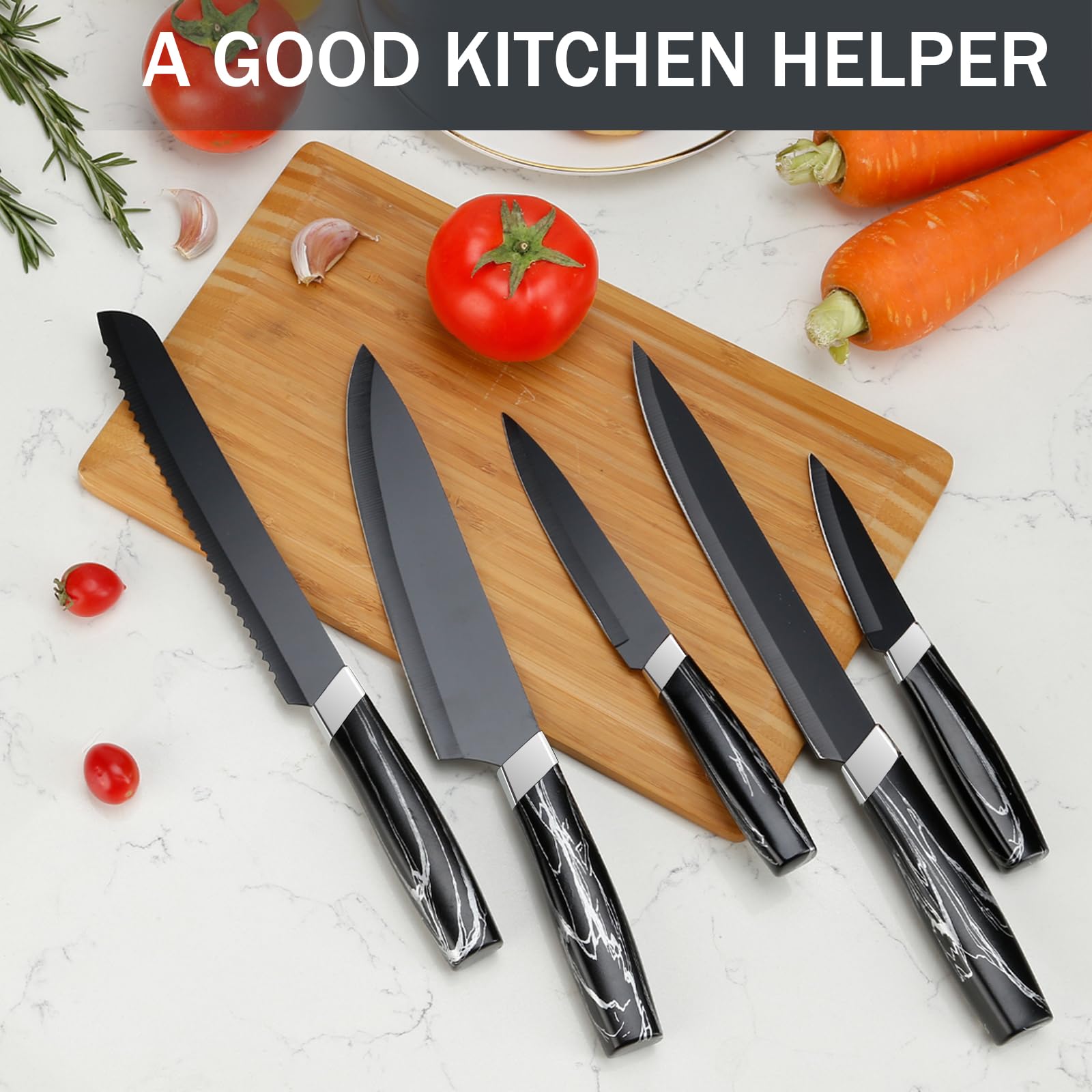 BEWOS Kitchen Knife Set, 5Pices Black Knife Set, Stainless Steel Kitchen Knives,Sharp and Ergonomic Knives for Kitchen,Dishwasher Safe