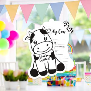 20 Sets Holy Cow Birthday Party Shaped Fill-In Invitations With Envelopes,Cute Cartoon Baby Cow Birthday Party Invitation Invite Cards for Baby Girls Boys,Farm Cow Girl Boy Birthday Party Invites