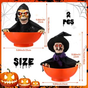 Roshtia 2 Pcs Halloween Candy Bowl Animated Skeleton and Witch Candy Bowl with LED Eyes and Creepy Sound Scary Trick or Treat Bowl Skull Screaming Candy Holder for Prank Props Party Decorations