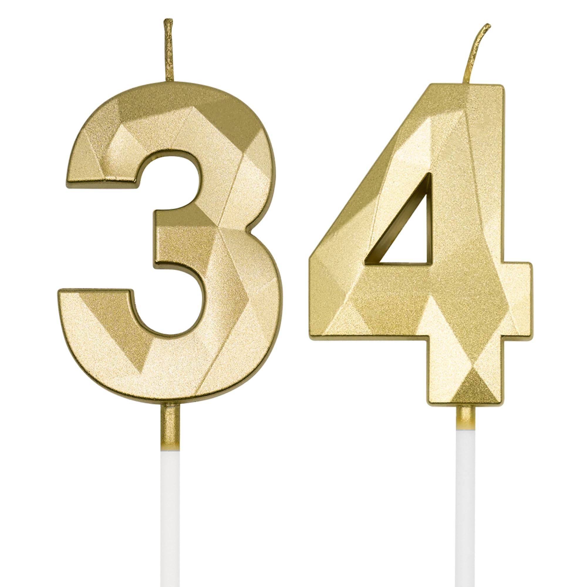 34th & 43rd Birthday Candles for Cake, Gold Number 34 43 3D Diamond Shaped Candle Birthday Decorations Party Supplies for Women or Men