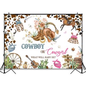 Avezano Gender Reveal Backdrop Cowboy or Cowgirl Gender Reveal Party Background Cow Print Western Rodeo Theme Gender Reveal Banner Cowgirl and Cowboy Gender Reveal Party Decorations (7x5ft)