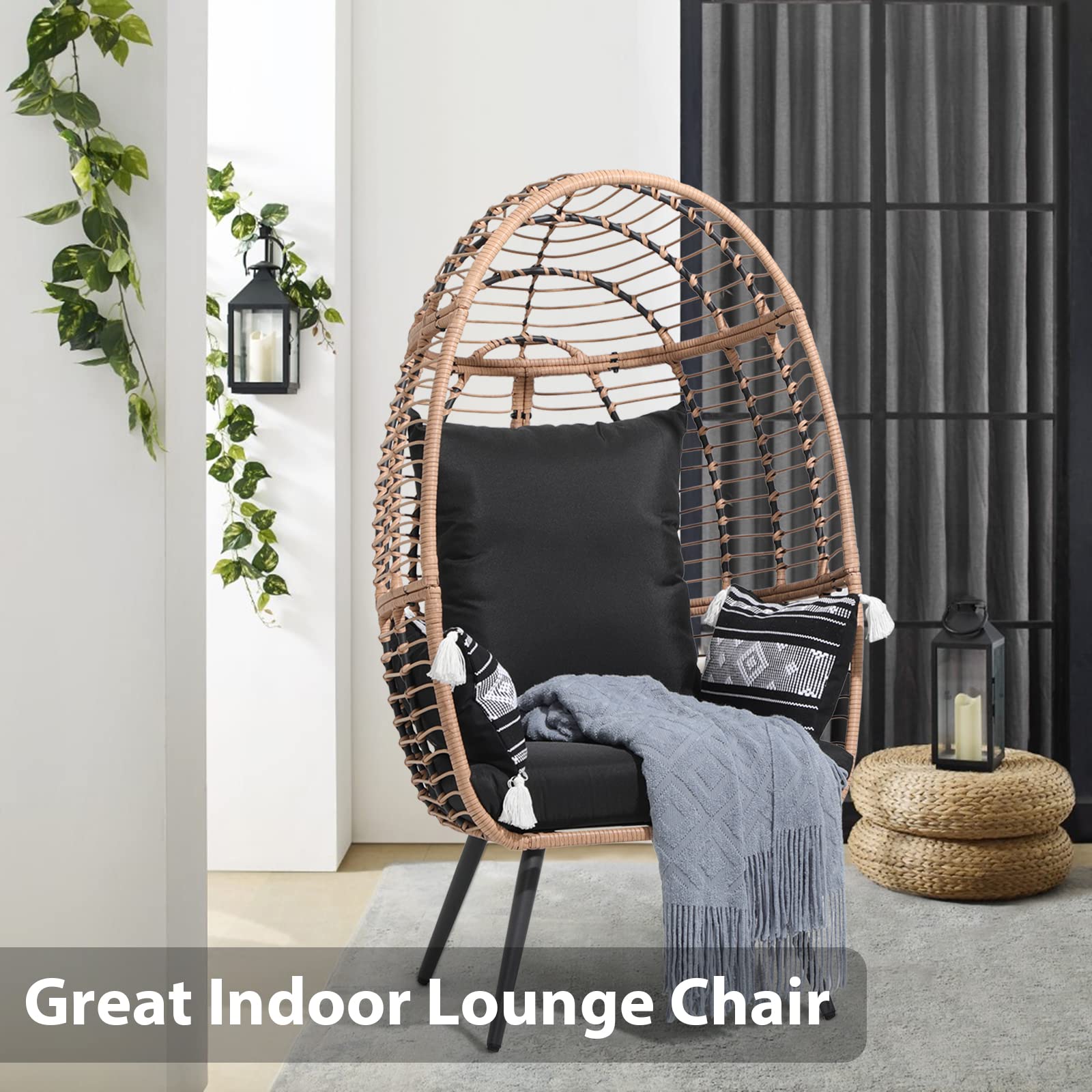 JOIVI Wicker Egg Chair, Oversized Indoor Outdoor Lounger Large Egg Basket Chair with Stand and Cushions for Patio Porch, Backyard, Living Room, Balcony (Beige Rattan, Black Cushion)