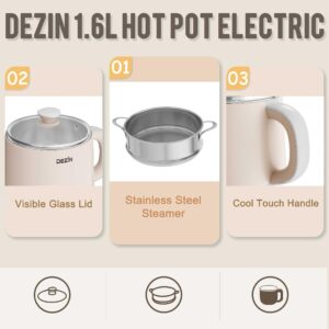 Dezin Hot Pot Electric with Steamer, Rapid Noodles Cooker, Stainless Steel Electric Pot 1.6 Liter, Perfect for Ramen, Egg, Dumpling, Soup, Oatmeal with Temperature Control and Keep Warm Function