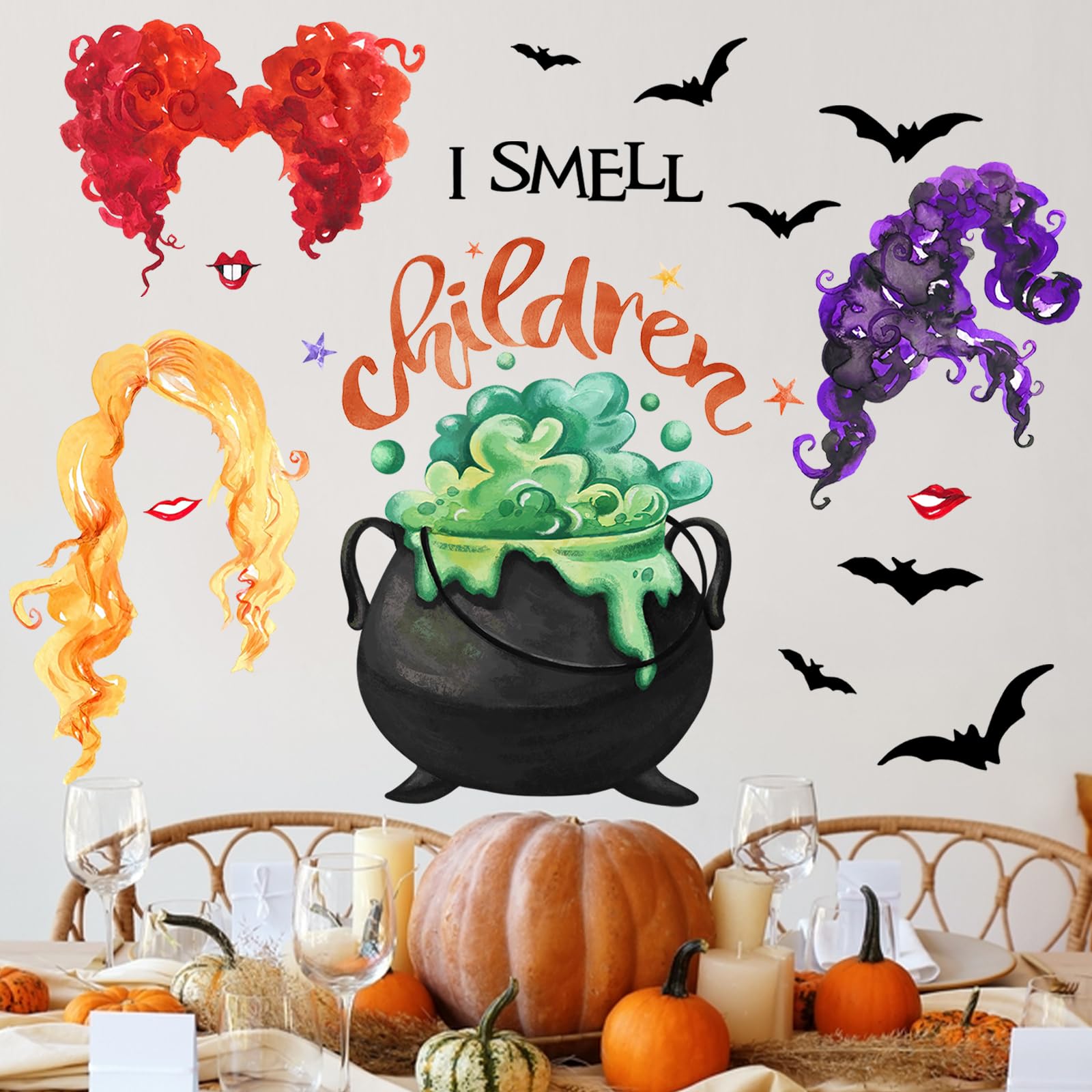 Mfault Halloween I Smell Children Wall Decals Stickers, Sanderson Sisters Witch Caldron Bat Decorations Bedroom Art, Hocus Pocus Holiday Party Supplies Living Room Home Kitchen Decor