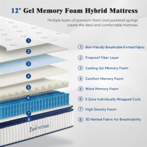 Zeelovtress 12 Inch Full Size Mattress, Cool Gel Memory Foam Hybrid Full Mattress in a Box, with Medium Firm Individual Pocketed Coils for Support, Toss and Turn Reduction, Pain Pressure Relief