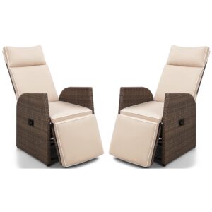 Greesum Patio Recliner All-Weather Wicker Lounge Chair with Flip-up Side Table(Set of Two), Beige