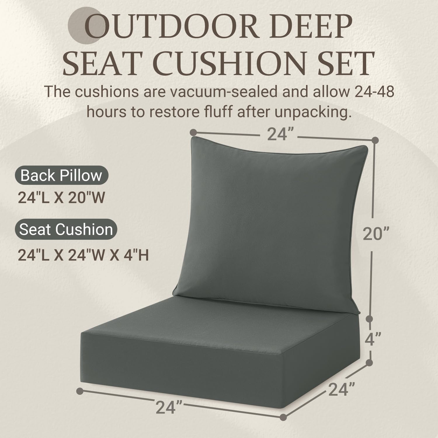 downluxe Outdoor Deep Seat Cushions Set, Waterproof Memory Foam Patio Furniture Cushions with Zipper for Outdoor Chair Sofa, 24" x 24", Dark Grey 1, 2 Piece Set