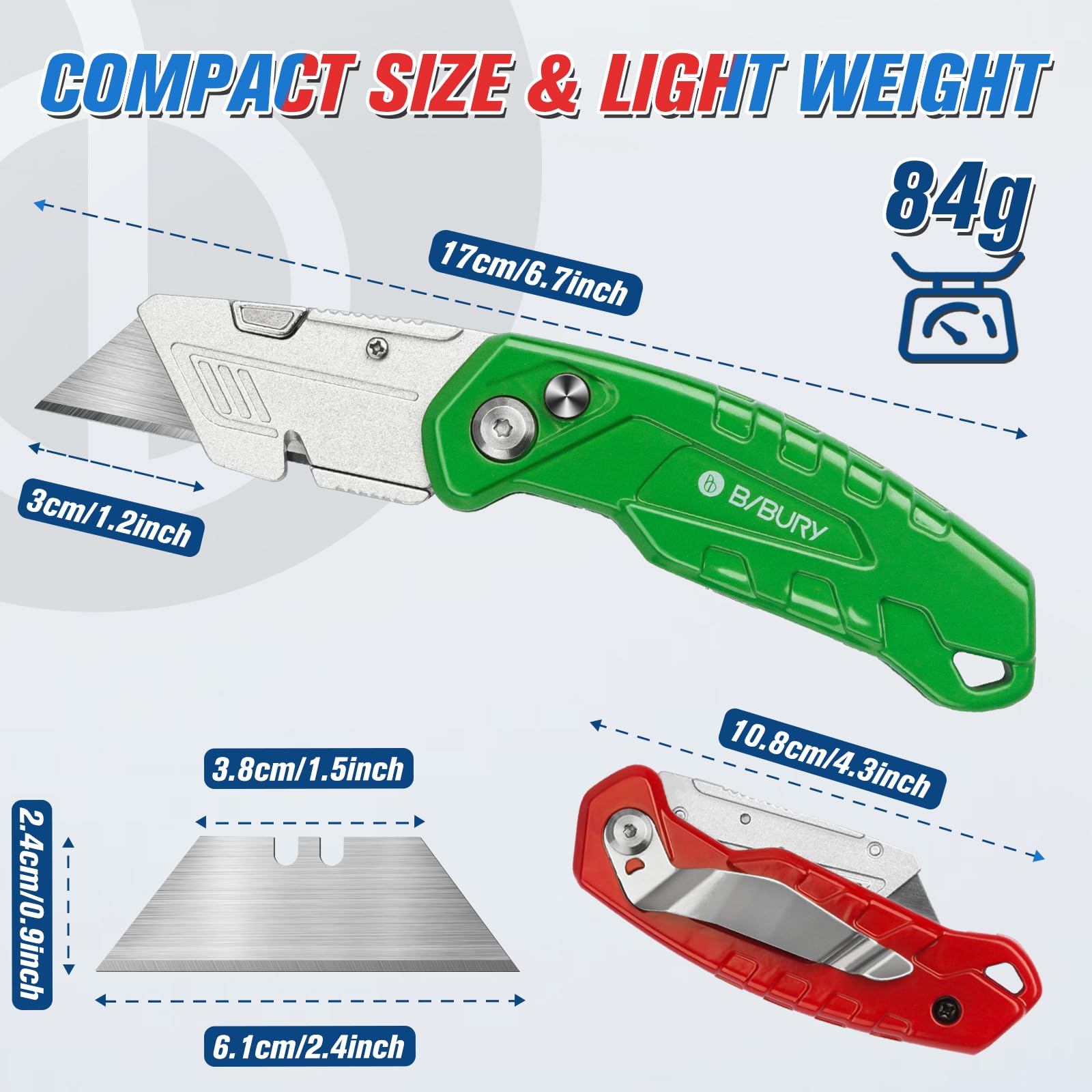 BIBURY Utility Knife 2-Pack, Heavy Duty Folding Box Cutter with Extra 10pcs Replacement SK5 Blades, Pocket Carpet Knife with Quick Change & Safety Lock, Belt Clip