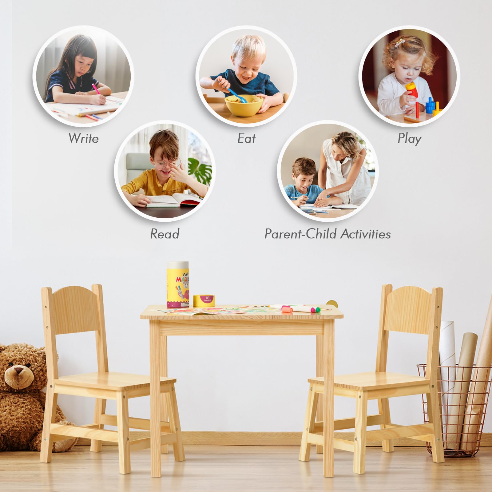 OOOK Solid Wooden Kids Table and Chair Set, Stable and Sturdy, Toddler Table and 2 Chairs Set for Arts, Crafts, Reading, Preschool, Kindergarten, Playroom