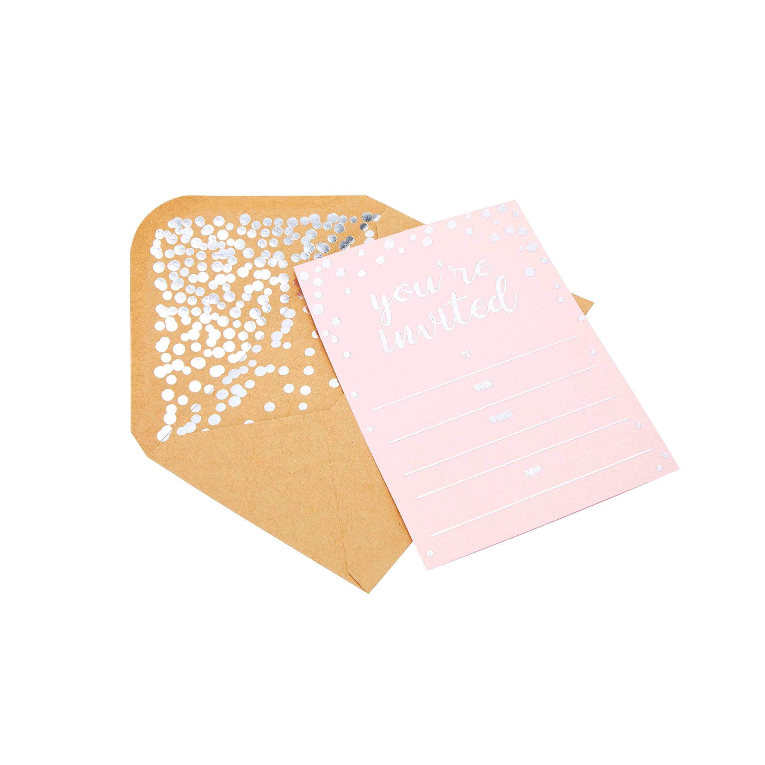 Invitation Cards - 24-Count 4" x 6" Baby Pink Invitation Cards ‘’You Are Invited’’ in Silver Foil with 26 Silver Foil Confetti Kraft Envelopes – For Wedding, Bridal Shower, Baby Shower, Birthday