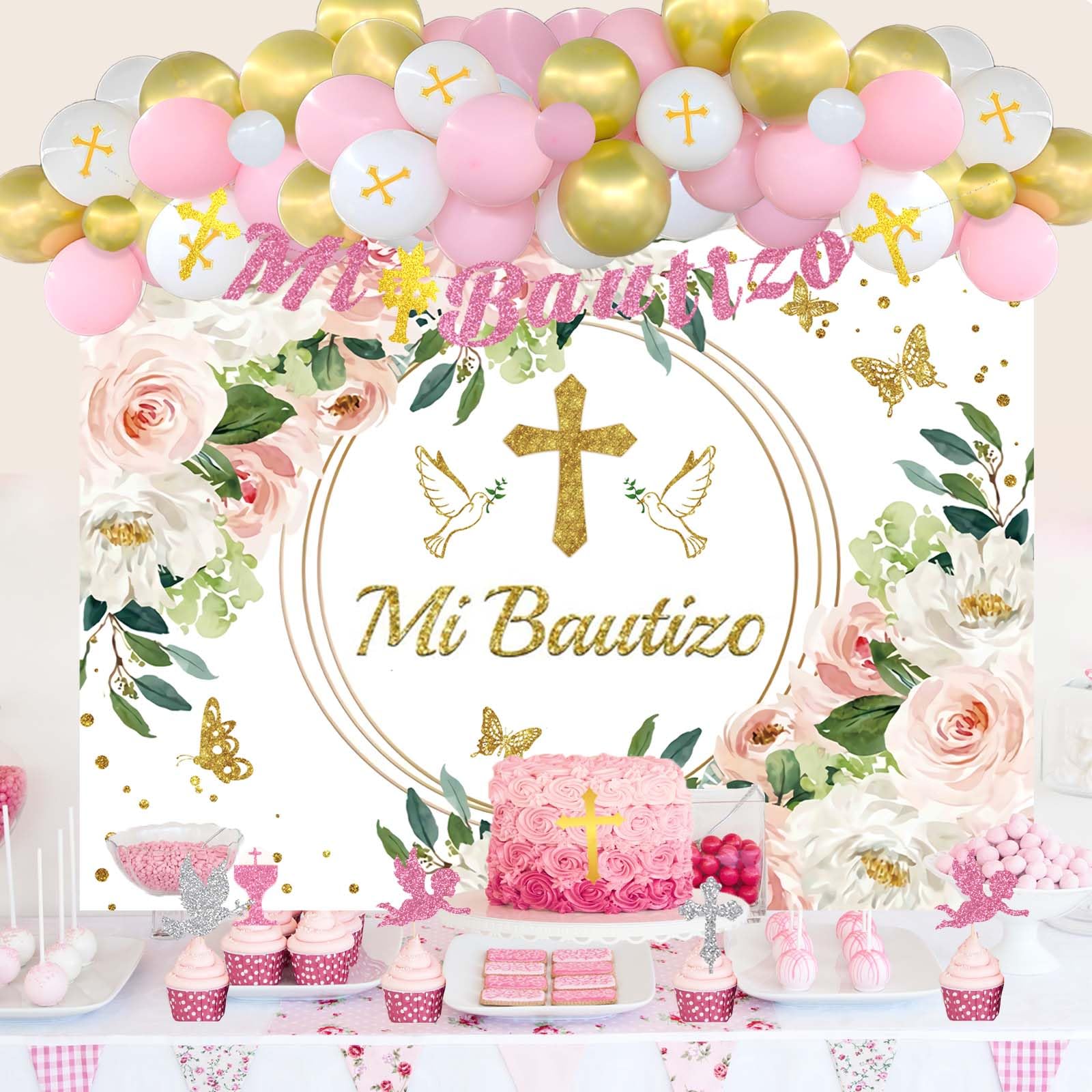 Fiesec Mi Bautizo Decorations for Girls, Baptism First Communion Christening God Bless Party Decorations Backdrop Balloon Garland Arch Glitter Banner Cake Cupcake Topper Gold Pink 103 PCs