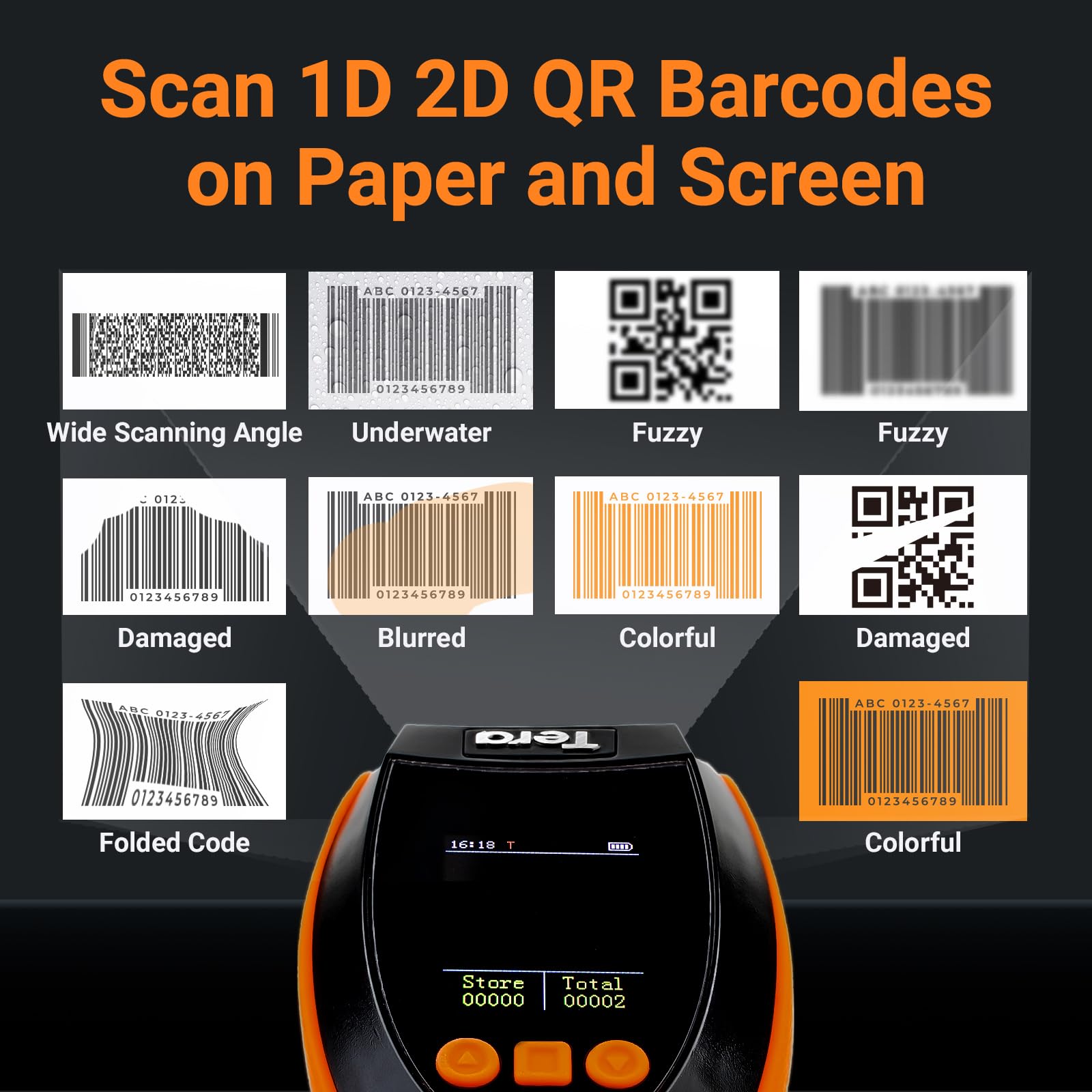 Tera Barcode Scanner Wireless with Screen: Pro Version 1D 2D QR with Setting Keypad Charging Cradle Works with Bluetooth 2.4G Wireless USB Wired Handheld Bar Code Reader HW0009