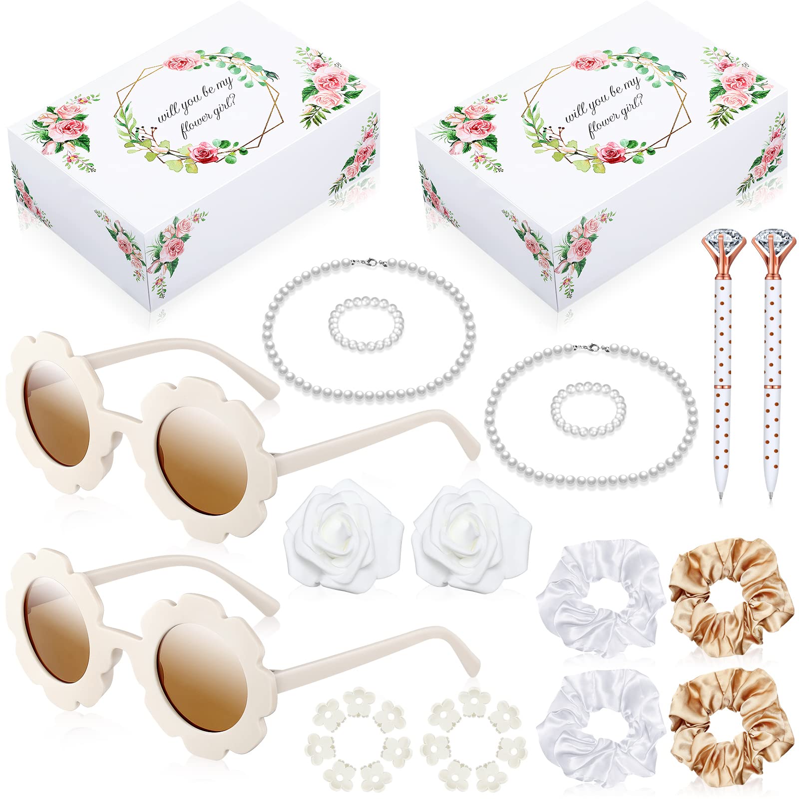 Tigeen 32 Pcs Flower Girl Gifts Set Flower Girl Proposal Flower Girl Gift Box Will You Be My Flower Girl Round Glasses Necklace Pearl Bracelet Diamond Pen Hair Scrunchies Rose for Bride Wedding Party