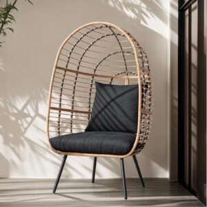 joivi wicker egg chair, oversized indoor outdoor lounger large egg basket chair with stand and cushions for patio porch, backyard, living room, balcony (beige rattan, black cushion)