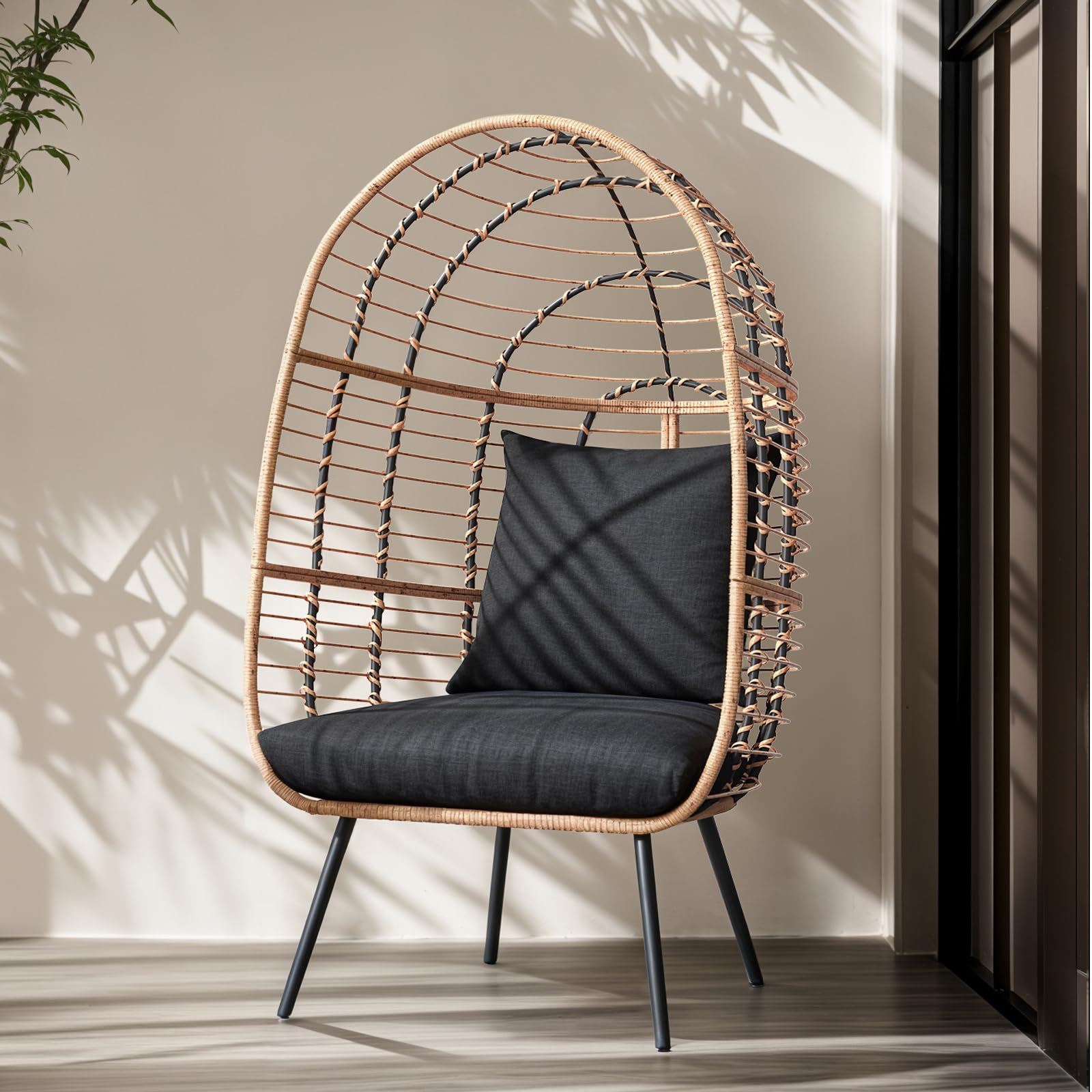 JOIVI Wicker Egg Chair, Oversized Indoor Outdoor Lounger Large Egg Basket Chair with Stand and Cushions for Patio Porch, Backyard, Living Room, Balcony (Beige Rattan, Black Cushion)