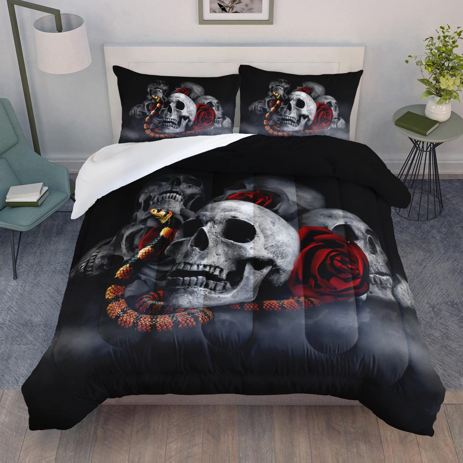 AILONEN Skull Decor Bedding Set Queen Size, Snake Entwined Skeleton 3D Print Halloween Comforter Set,Red Rose Smoky Fog Style Black Tint Soft Breathable Duvet Set 3 Pieces, 1 Quilt and 2 Pillowcases