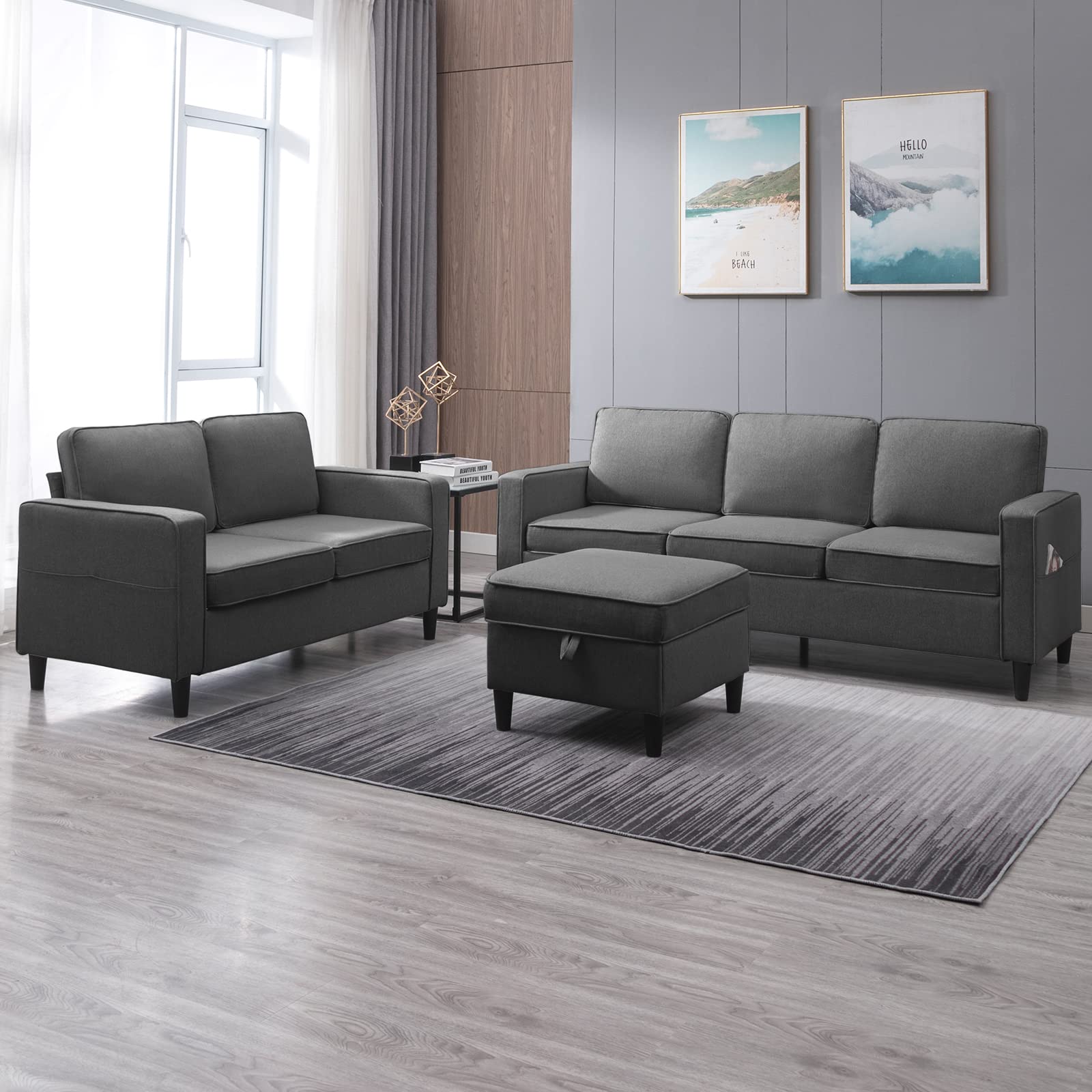 ZAFLY Convertible Sectional Sofa Couches,3 Pcs Couches Set with Storage Ottoman for Living Room,Modular L Shape and Loveseat Sets Including 3 Seat Sofa,Ottoman Loveseat,Dark Grey