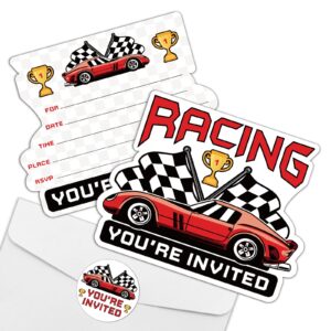 rewidparty race car party invitations with envelopes & stickers（set of 15） red racing shaped fill-in invitations car racing birthday party invite cards race car party supplies for kids teens adults