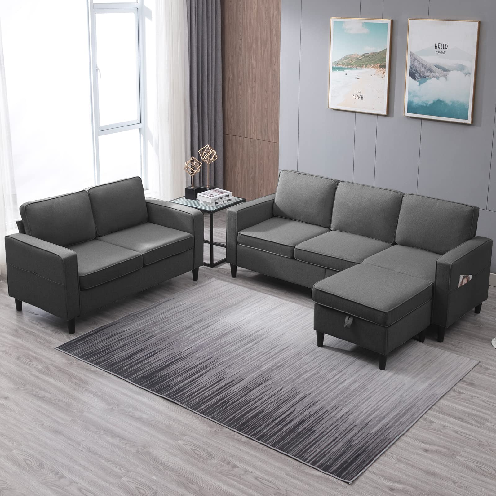 ZAFLY Convertible Sectional Sofa Couches,3 Pcs Couches Set with Storage Ottoman for Living Room,Modular L Shape and Loveseat Sets Including 3 Seat Sofa,Ottoman Loveseat,Dark Grey