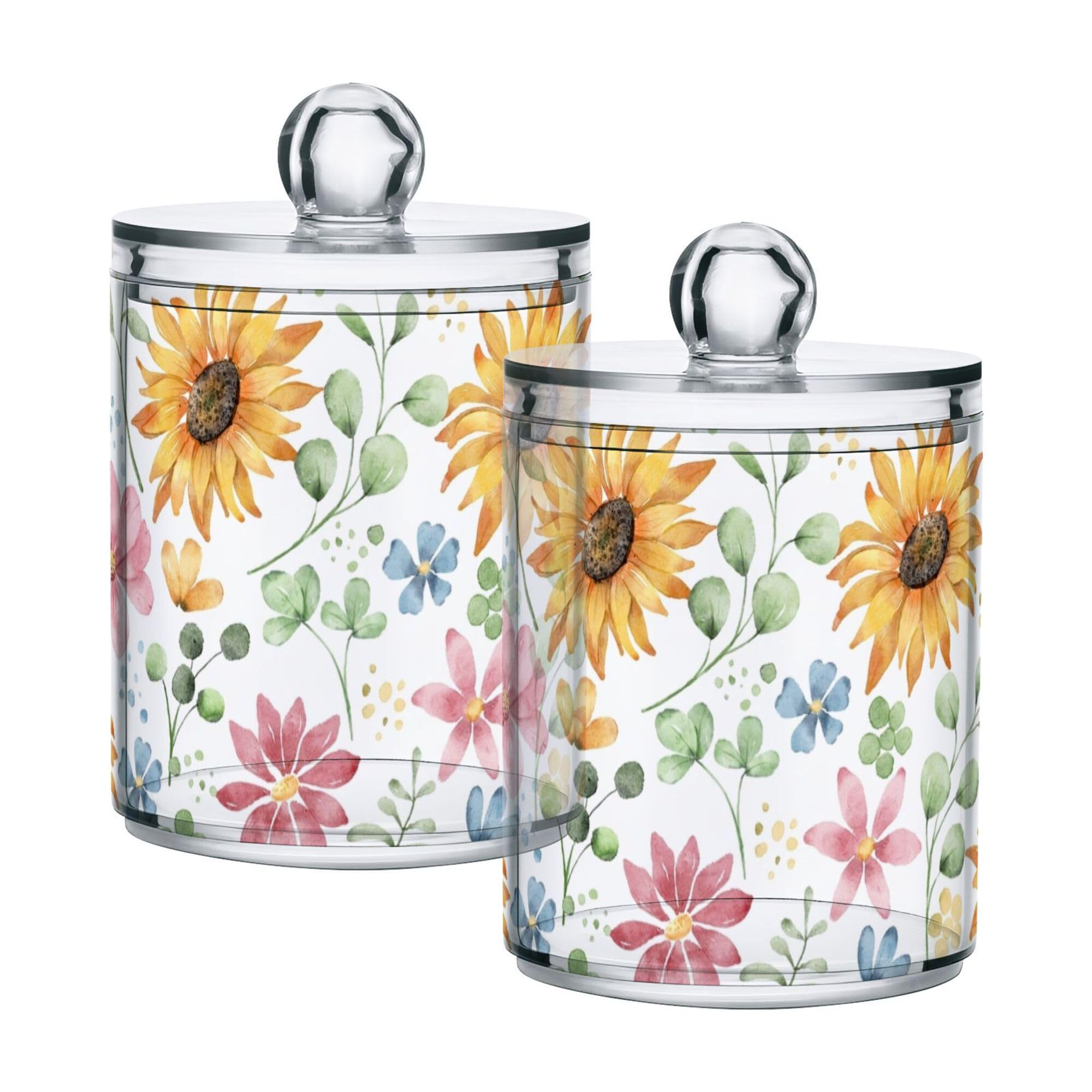 YEGAME 2 Pack Sunflower Qtip Holder Apothecary Jars with Lids, Clear Apothecary Jar Food Storage Container for Tea, Coffee, Cotton Balls, Dental Floss