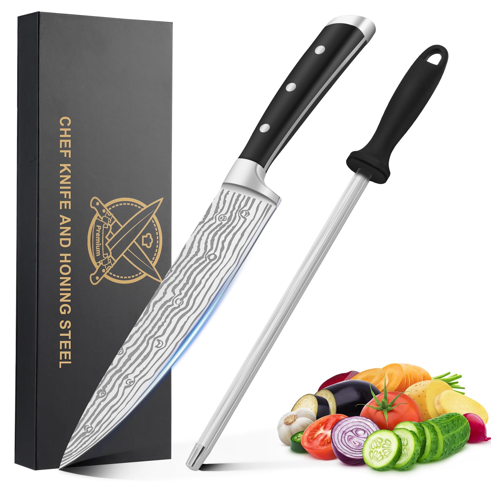 Unokit Chef knife, Professional chef knife 8.3 inch and honing steel, stainless steel, Ergonomic Handle, Ultra Sharp Chef Knife, Non-Stick Kitchen Knife, Chefs Knives and Honing Steel with Gift Box