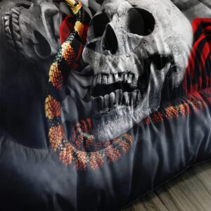 AILONEN Skull Decor Bedding Set Queen Size, Snake Entwined Skeleton 3D Print Halloween Comforter Set,Red Rose Smoky Fog Style Black Tint Soft Breathable Duvet Set 3 Pieces, 1 Quilt and 2 Pillowcases