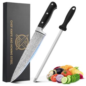 chef knives (8.3 inch), unokit professional chef knife and honing steel, stainless steel, ergonomic handle, ultra sharp chef knife, non-stick kitchen knife, chefs knives and honing steel with gift box