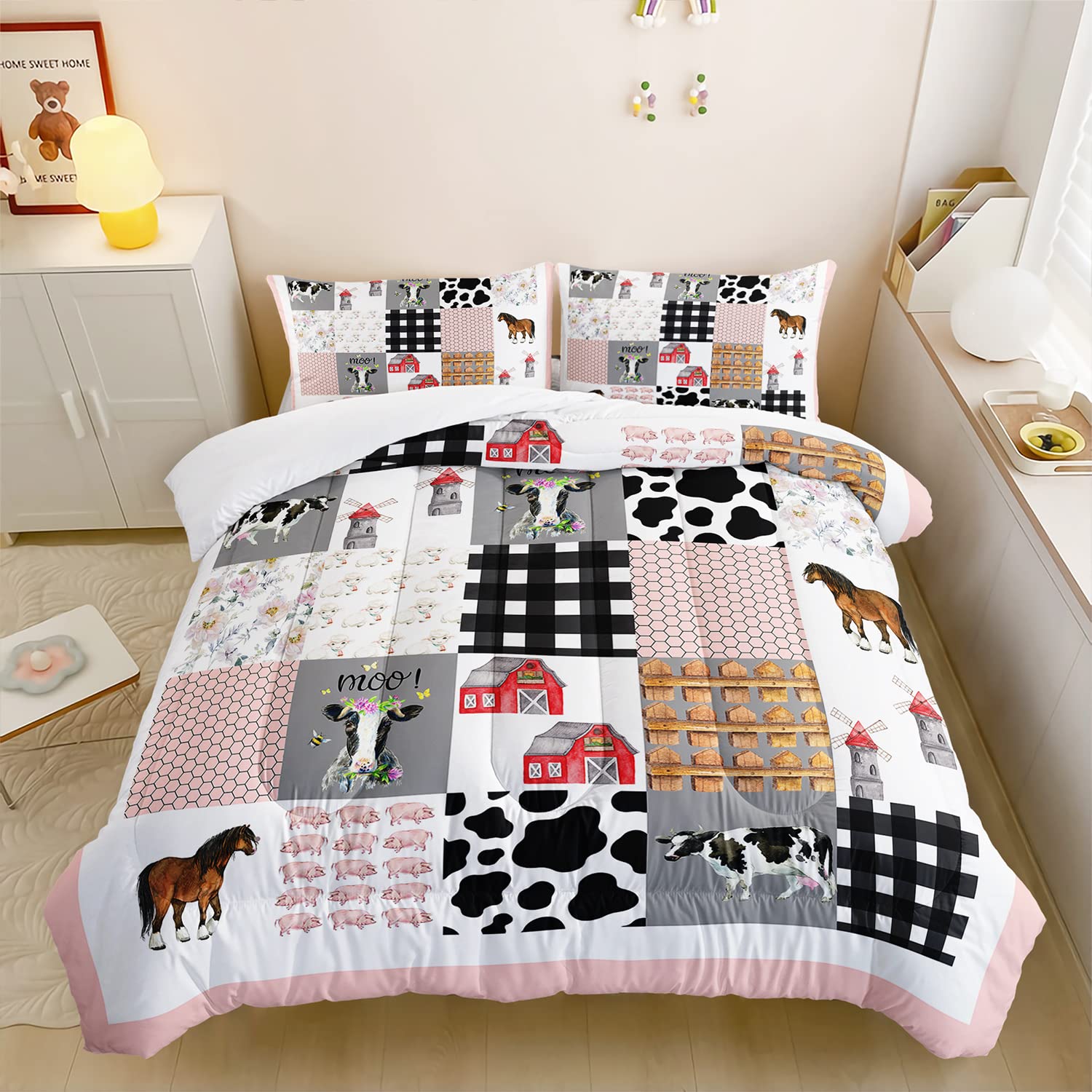 HOSIMA Cow Bedding Set,Farmhouse Comforter Western Country Style Room Decor Aesthetic,Cute Cartoon Farm Animal Pig Cow Horse Twin Bedding Sets for Girls Boys,Pink White Grid Comforter.