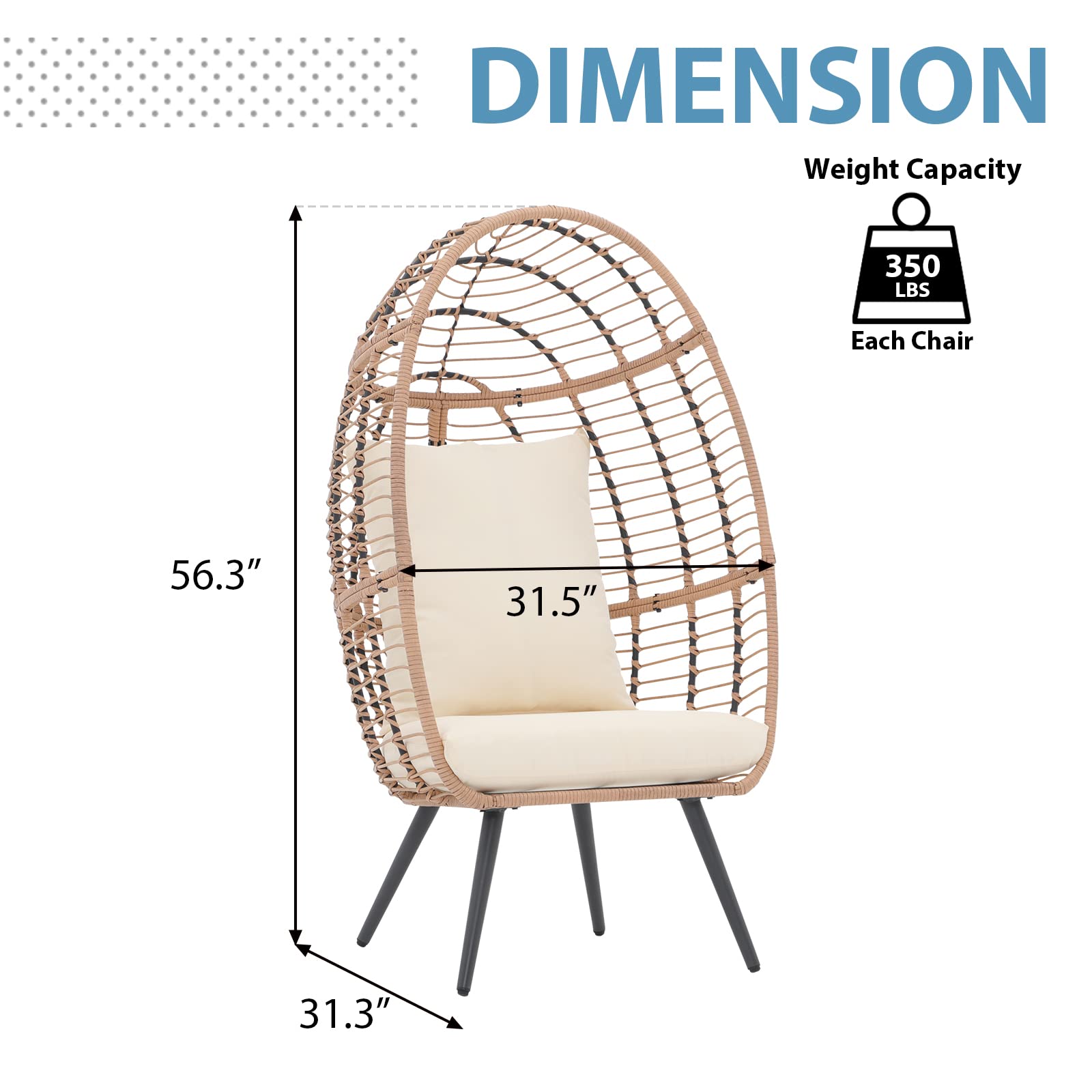 JOIVI Wicker Egg Chair, Oversized Indoor Outdoor Lounger Large Egg Basket Chair with Stand and Cushions for Patio Porch, Backyard, Living Room, Balcony (Beige Rattan, Creamy White Cushion)