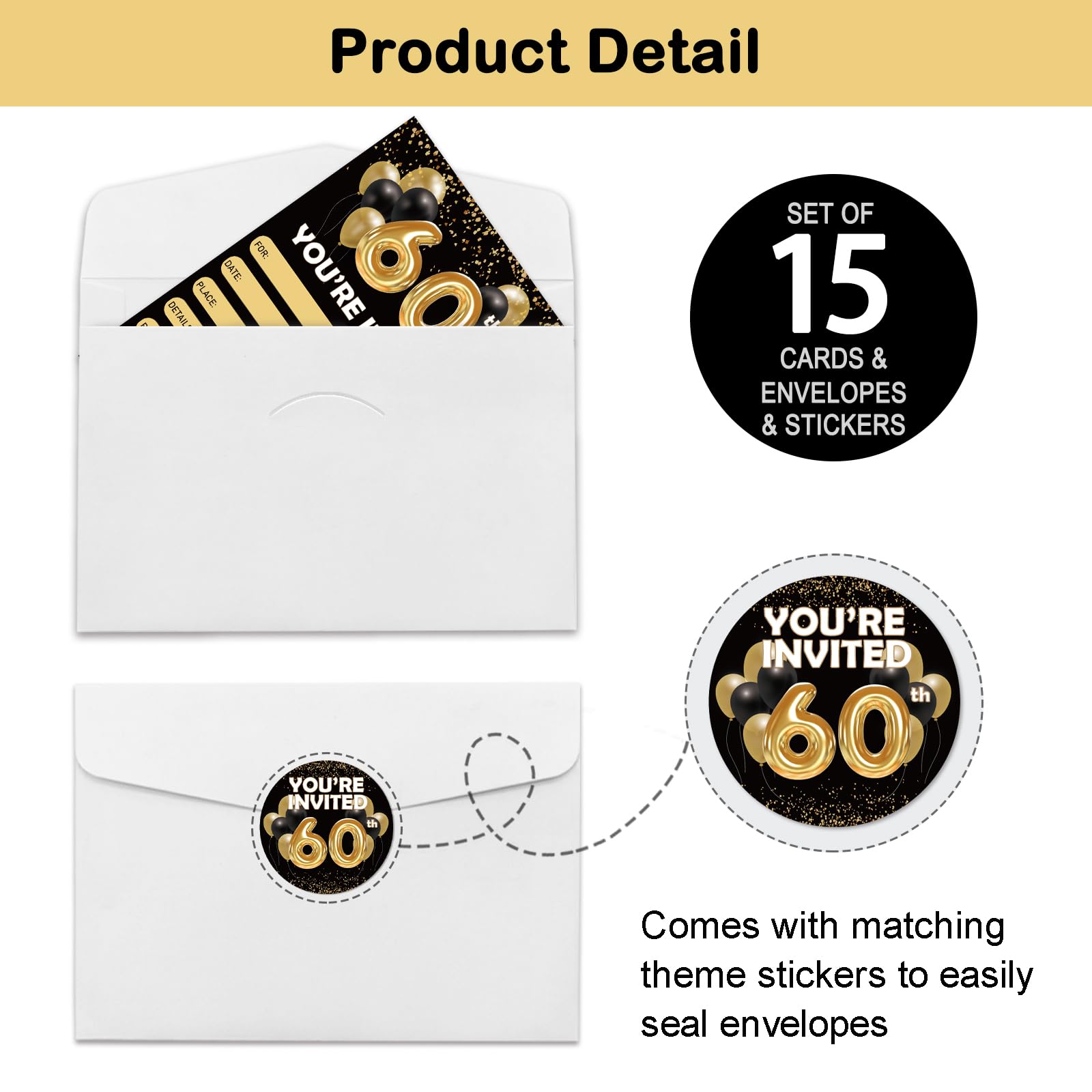 REWIDPARTY Black Gold 60th Birthday Invitations with Envelopes & Stickers（Set of 15） Back in 1964 Fill in Invitations Happy 60th Birthday Invite Cards 60 Years Old Birthday Party Supplies for Adults