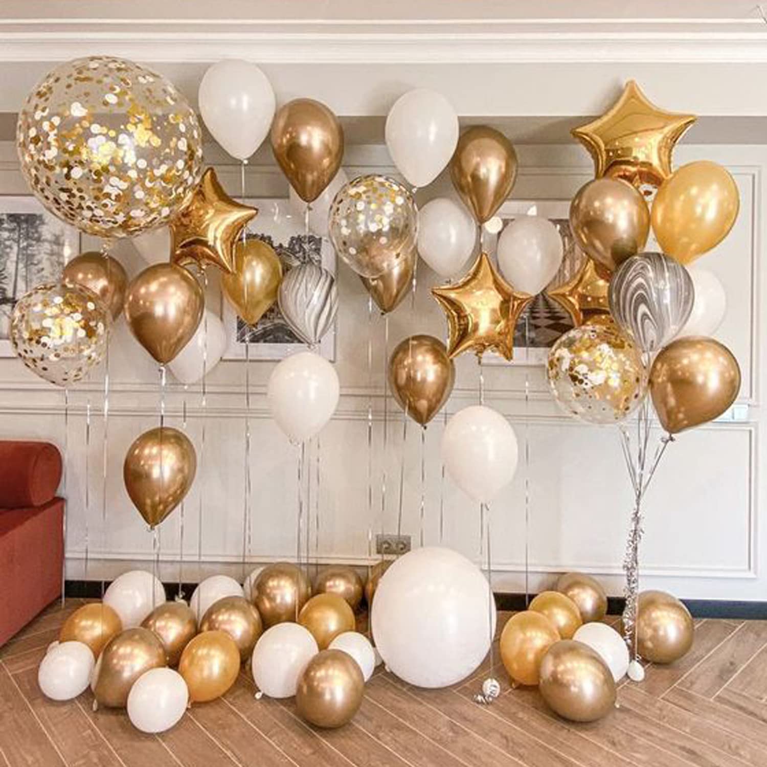 White and Gold Confetti Latex Balloons, 50 Pack 12 inch gold and white Party Balloons with Ribbons for Birthday Graduation Wedding Bridal Shower Party Decoration