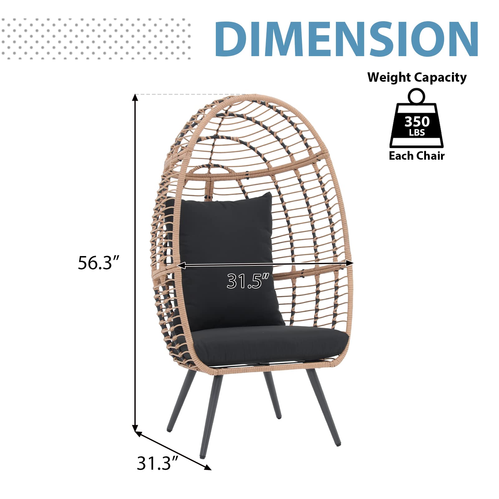 JOIVI Wicker Egg Chair, Oversized Indoor Outdoor Lounger Large Egg Basket Chair with Stand and Cushions for Patio Porch, Backyard, Living Room, Balcony (Beige Rattan, Black Cushion)