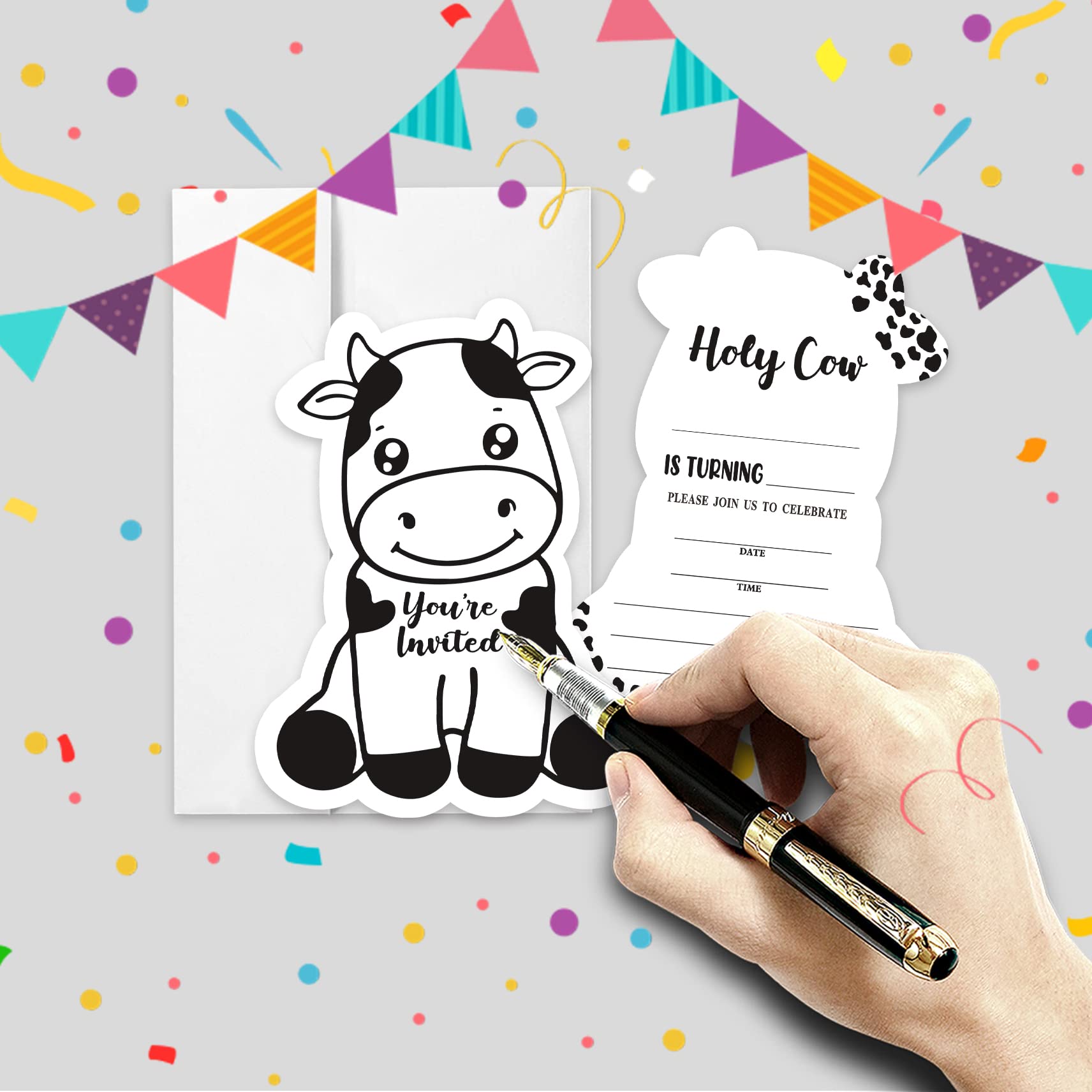 20 Sets Holy Cow Birthday Party Shaped Fill-In Invitations With Envelopes,Cute Cartoon Baby Cow Birthday Party Invitation Invite Cards for Baby Girls Boys,Farm Cow Girl Boy Birthday Party Invites