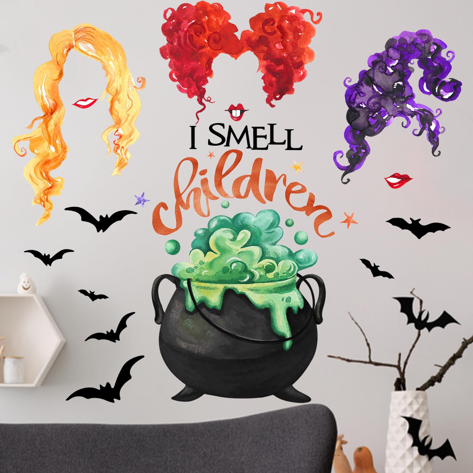 Mfault Halloween I Smell Children Wall Decals Stickers, Sanderson Sisters Witch Caldron Bat Decorations Bedroom Art, Hocus Pocus Holiday Party Supplies Living Room Home Kitchen Decor