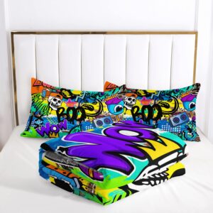 AILONEN Cartoon Skull Bedding Set Twin Size, Graffiti Theme Spray Paint Ink Textured Silhouette Comforter Set,Hip-Hop Style Soft Breathable Duvet Set for Boys Girls 3Pcs, 1 Quilt and 2 Pillowcases