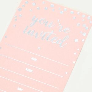 Invitation Cards - 24-Count 4" x 6" Baby Pink Invitation Cards ‘’You Are Invited’’ in Silver Foil with 26 Silver Foil Confetti Kraft Envelopes – For Wedding, Bridal Shower, Baby Shower, Birthday