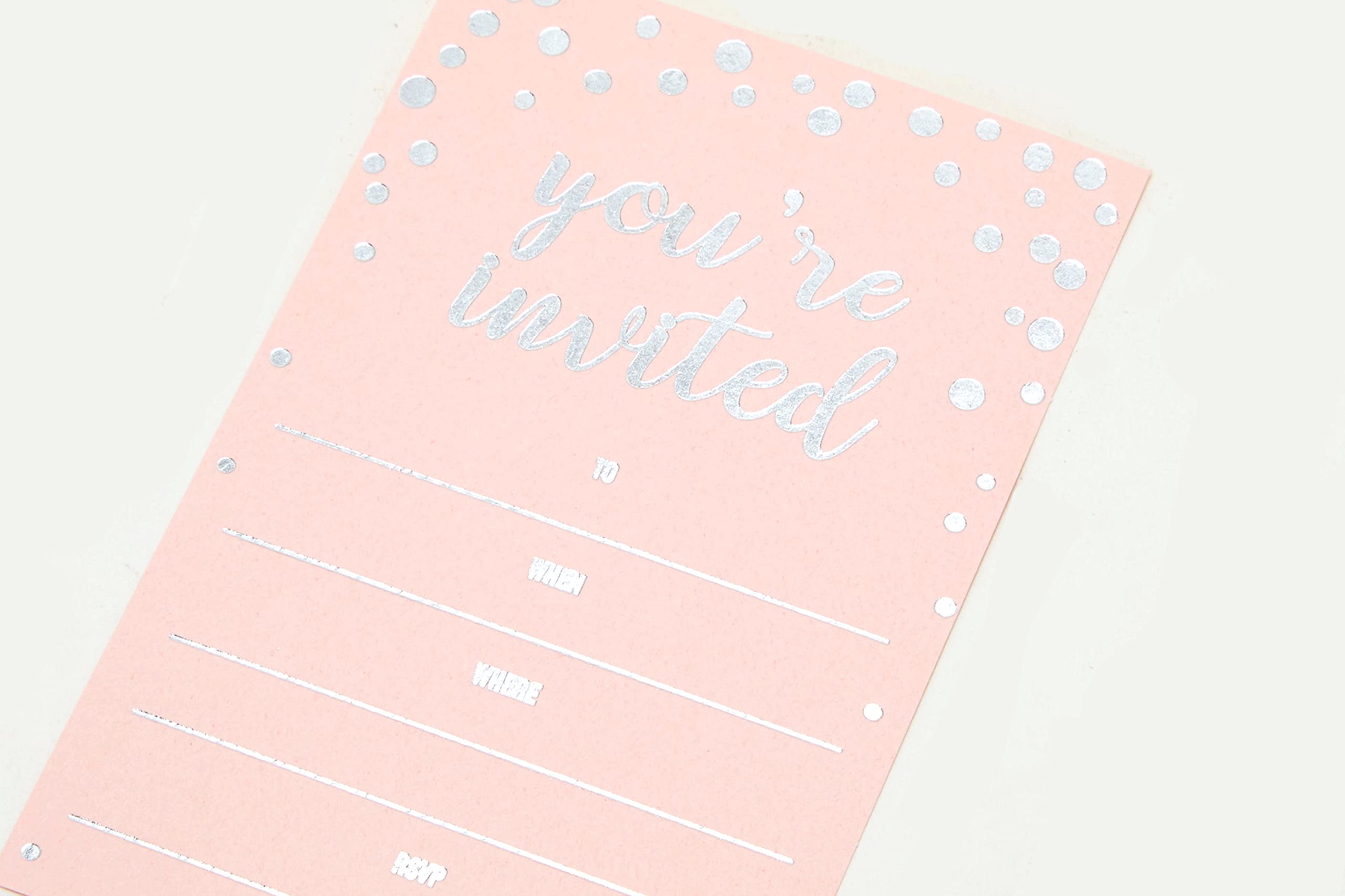 Invitation Cards - 24-Count 4" x 6" Baby Pink Invitation Cards ‘’You Are Invited’’ in Silver Foil with 26 Silver Foil Confetti Kraft Envelopes – For Wedding, Bridal Shower, Baby Shower, Birthday