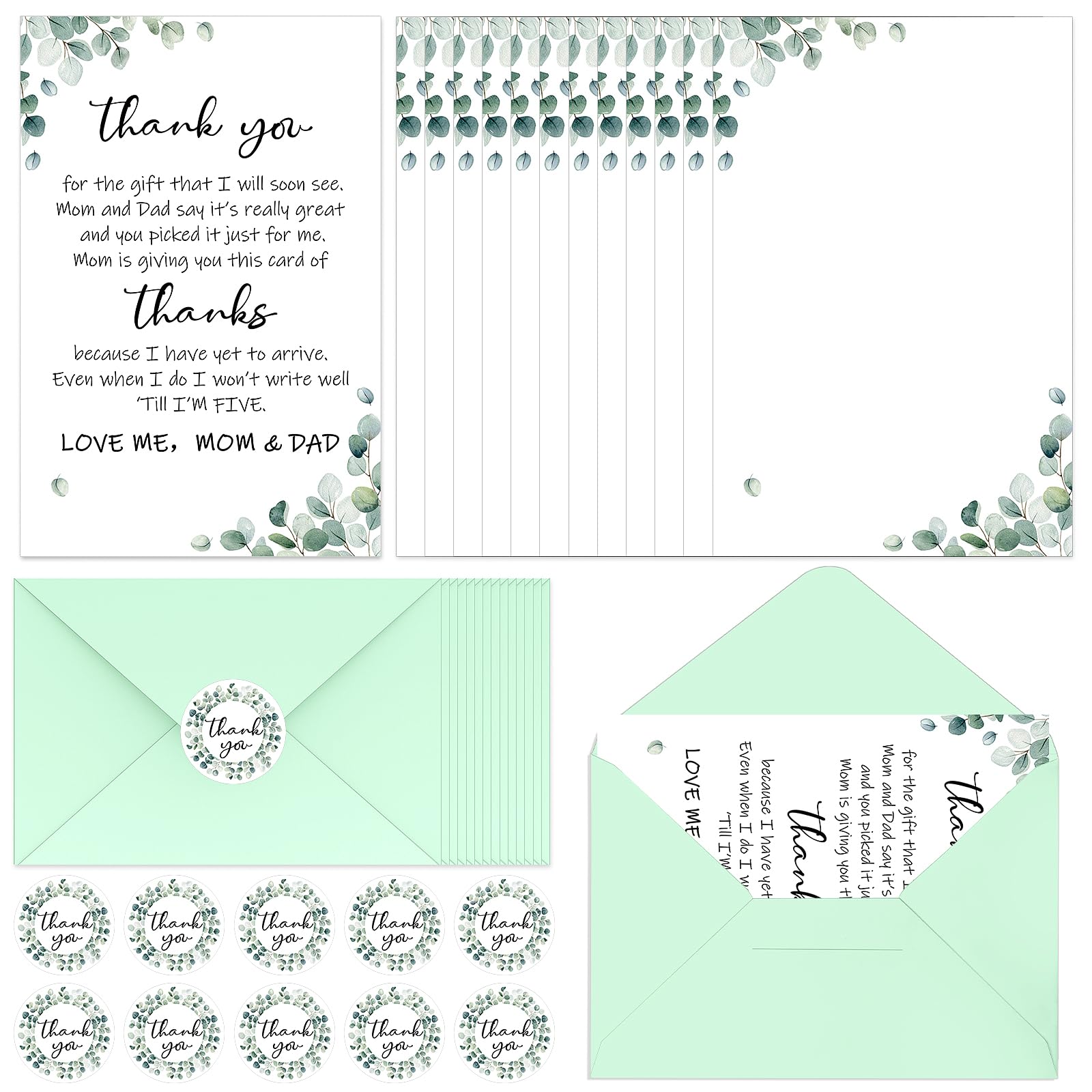 Harloon 50 Set Baby Shower Thank You Cards with Envelopes Stickers Thank You Gifts for Baby Shower Winter Greenery Dinosaur Baby Shower Thank You Prefilled Note(Greenery)