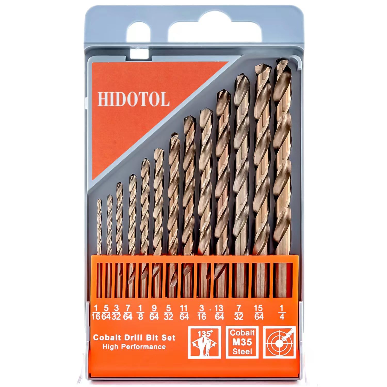 HIDOTOL 13 PCS Cobalt Drill Bit Set M35 HSS Twist Drill Bits 1/16"-1/4" for Hardened Metal, Stainless Steel, Cast Iron, Plastic and Wood